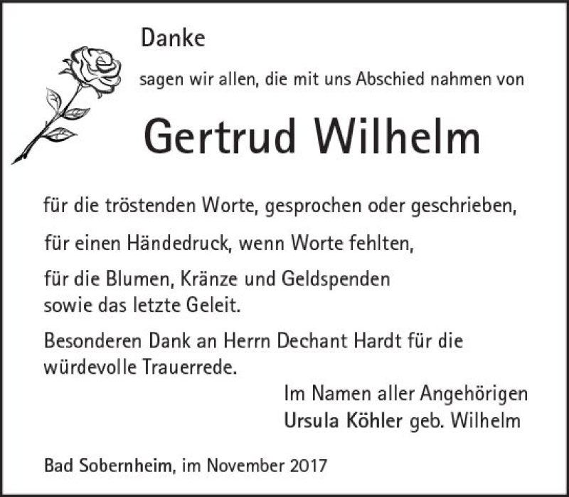  Traueranzeige für Gertrud Wilhelm vom 04.11.2017 aus Trauerportal Rhein Main Presse