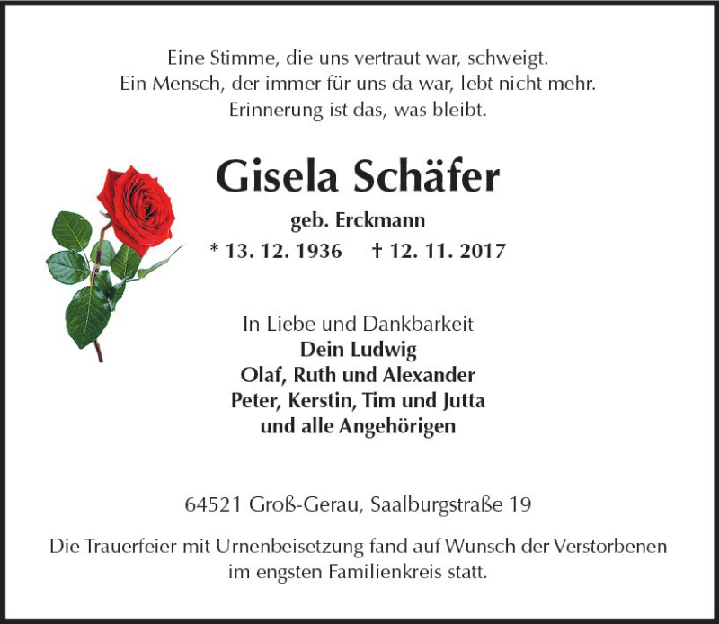  Traueranzeige für Gisela Schäfer vom 22.11.2017 aus Trauerportal Echo Online