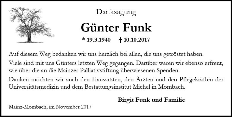  Traueranzeige für Günter Funk vom 11.11.2017 aus Trauerportal Rhein Main Presse
