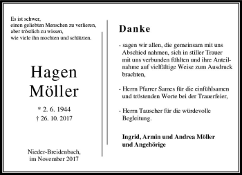 Traueranzeige von Hagen Möller von VRM Trauer