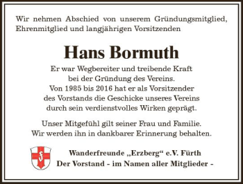 Traueranzeige von Hans Bormuth von Trauerportal Echo Online