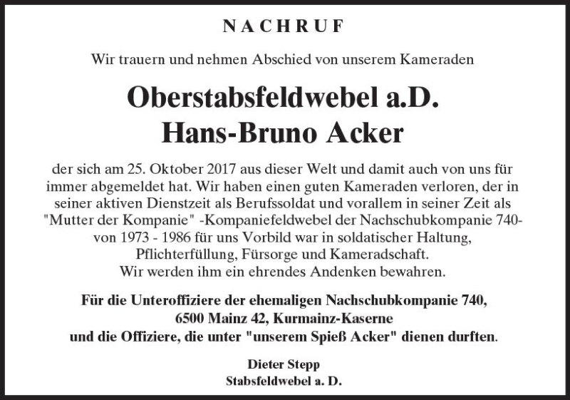  Traueranzeige für Hans-Bruno Acker vom 11.11.2017 aus Trauerportal Rhein Main Presse