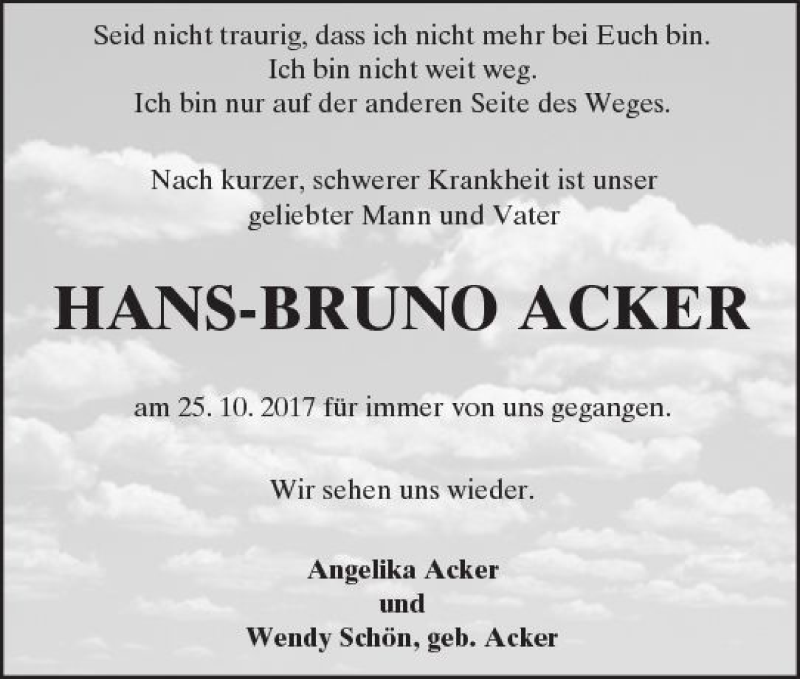  Traueranzeige für Hans-Bruno Acker vom 04.11.2017 aus Trauerportal Rhein Main Presse