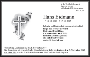 Traueranzeige von Hans Eidmann von VRM Trauer