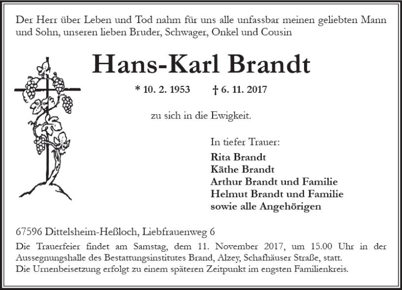  Traueranzeige für Hans-Karl Brandt vom 09.11.2017 aus Trauerportal Rhein Main Presse