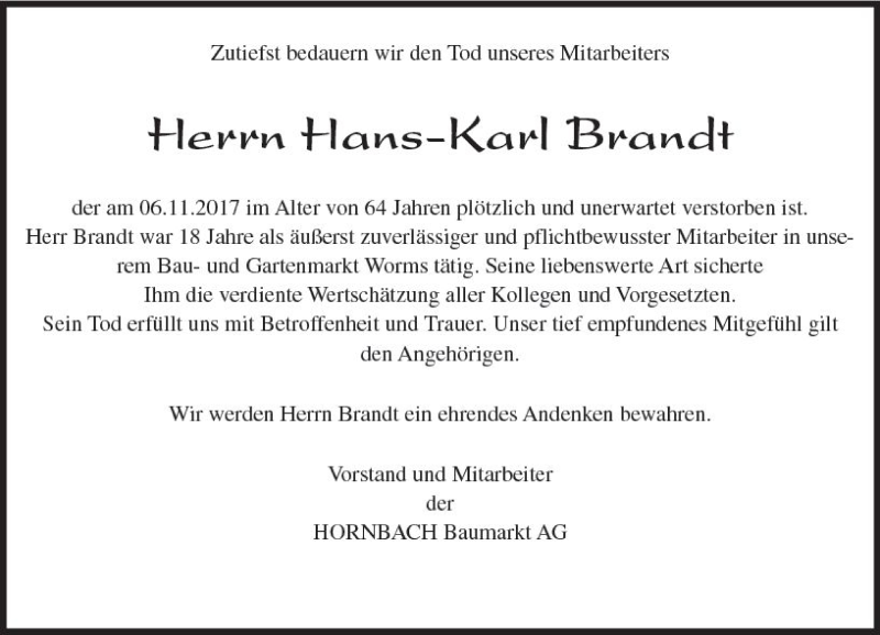  Traueranzeige für Hans-Karl Brandt vom 11.11.2017 aus Trauerportal Rhein Main Presse