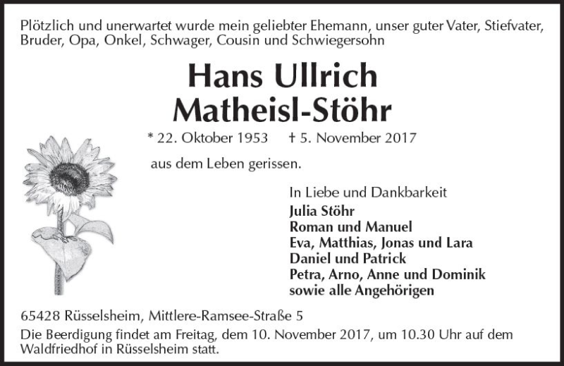  Traueranzeige für Hans Ullrich Matheisl-Stöhr vom 08.11.2017 aus Trauerportal Echo Online