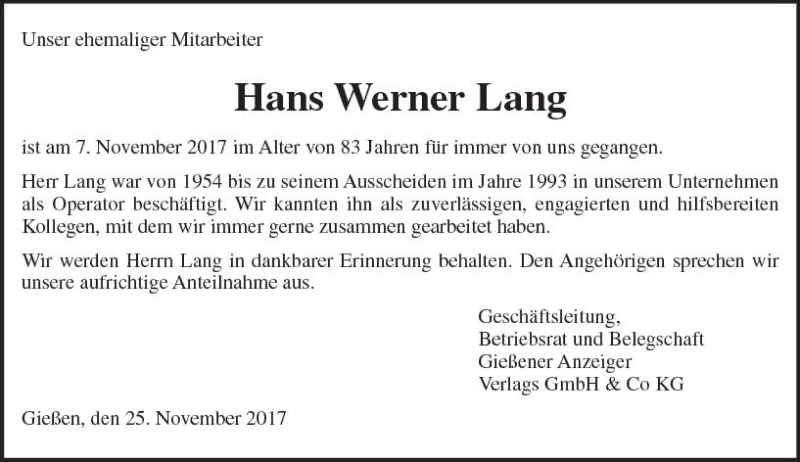  Traueranzeige für Hans Werner Lang vom 25.11.2017 aus  Gießener Anzeiger