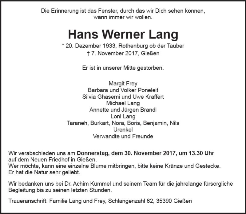  Traueranzeige für Hans Werner Lang vom 25.11.2017 aus  Gießener Anzeiger