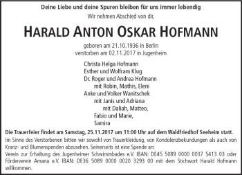 Traueranzeige von Harald Anton Oskar Hofmann von Trauerportal Echo Online