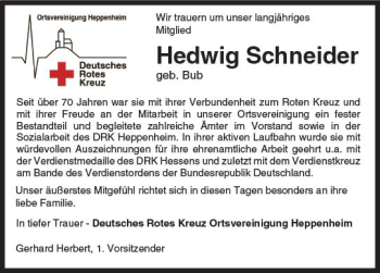 Traueranzeige von Hedwig Schneider von Trauerportal Echo Online