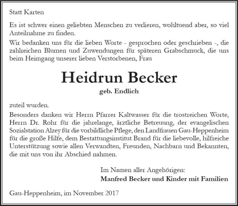  Traueranzeige für Heidrun Becker vom 25.11.2017 aus Trauerportal Rhein Main Presse