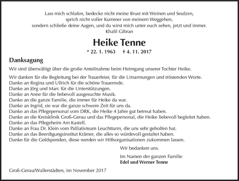  Traueranzeige für Heike Tenne vom 25.11.2017 aus Trauerportal Echo Online