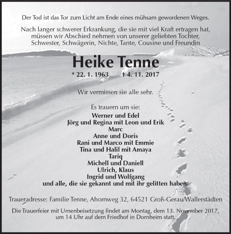  Traueranzeige für Heike Tenne vom 11.11.2017 aus Trauerportal Echo Online