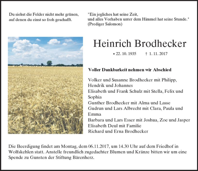 Traueranzeige für Heinrich Brodhecker vom 04.11.2017 aus Trauerportal Echo Online