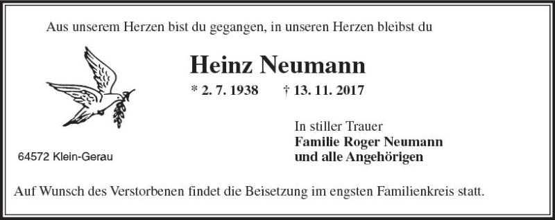  Traueranzeige für Heinz Neumann vom 15.11.2017 aus Trauerportal Echo Online