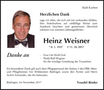 Traueranzeige von Heinz Weisner von  Kreisanzeiger