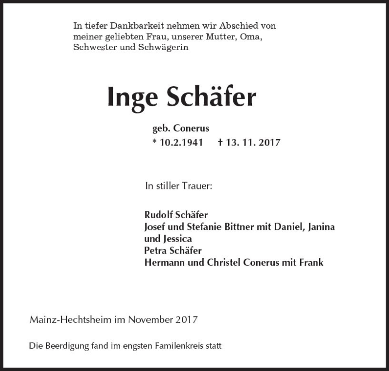  Traueranzeige für Inge Schäfer vom 25.11.2017 aus Trauerportal Rhein Main Presse