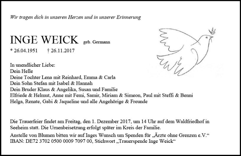  Traueranzeige für Inge Weick vom 29.11.2017 aus Trauerportal Echo Online
