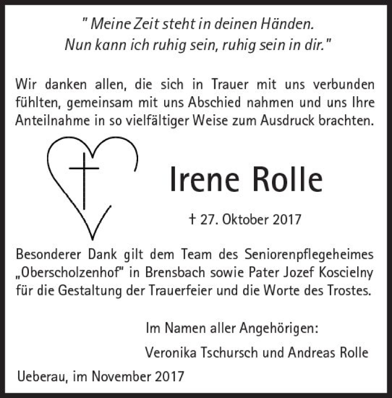  Traueranzeige für Irene Rolle vom 18.11.2017 aus Trauerportal Rhein Main Presse