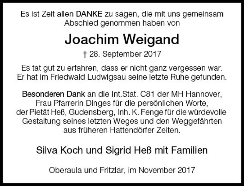  Traueranzeige für Joachim Weigand vom 04.11.2017 aus VRM Trauer