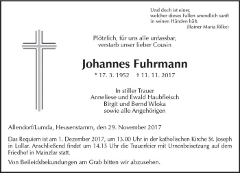 Traueranzeige von Johannes Fuhrmann von  Gießener Anzeiger