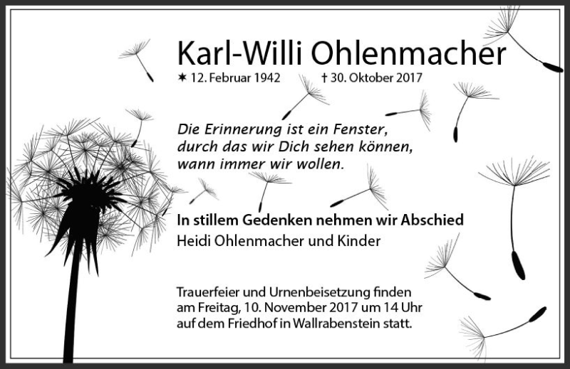  Traueranzeige für Karl-Willi Ohlenmacher vom 09.11.2017 aus  Camberger Anzeiger