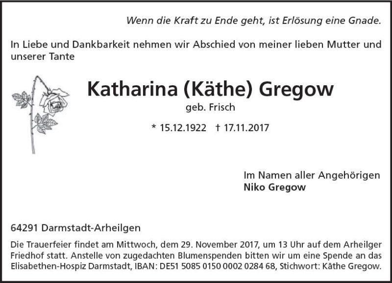  Traueranzeige für Katharina Gregow vom 25.11.2017 aus Trauerportal Echo Online