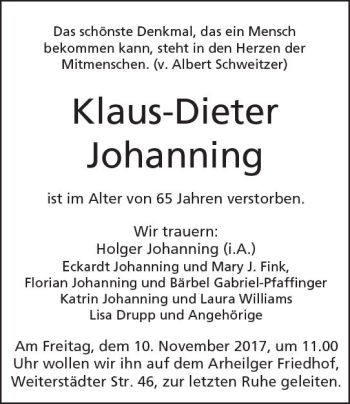 Traueranzeige von Klaus-Dieter Johanning von Trauerportal Echo Online