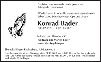 Traueranzeige von Konrad Bader von Trauerportal Rhein Main Presse