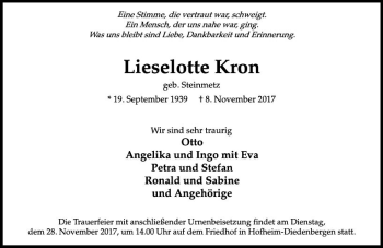 Traueranzeige von Lieselotte Kron von Trauerportal Rhein Main Presse