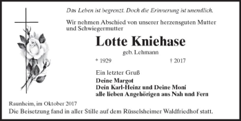 Traueranzeige von Lotte Kniehase von Trauerportal Rhein Main Presse