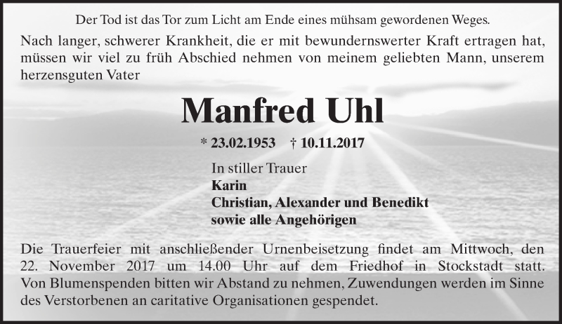  Traueranzeige für Manfred Uhl vom 18.11.2017 aus Trauerportal Echo Online
