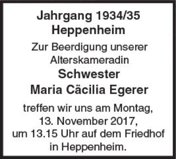 Traueranzeige von Maria Cäcilia Egerer von Trauerportal Echo Online