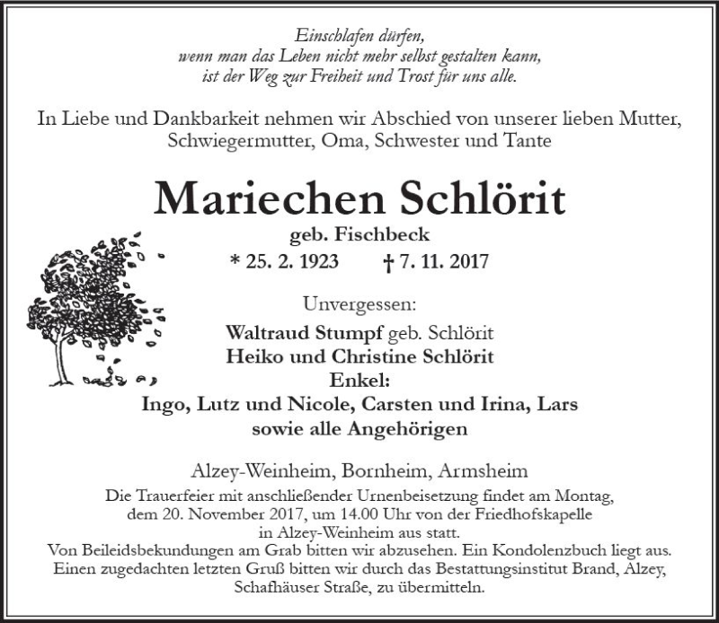  Traueranzeige für Mariechen Schlörit vom 11.11.2017 aus Trauerportal Rhein Main Presse