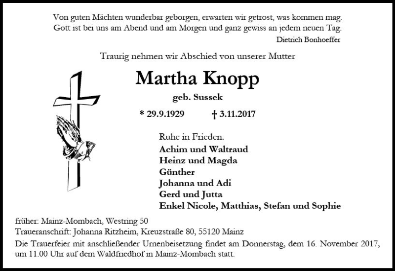  Traueranzeige für Martha Knopp vom 11.11.2017 aus Trauerportal Rhein Main Presse