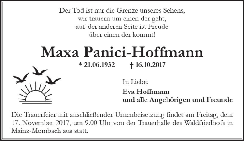  Traueranzeige für Maxa Panici-Hoffmann vom 15.11.2017 aus Trauerportal Rhein Main Presse