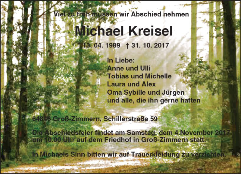  Traueranzeige für Michael Kreisel vom 03.11.2017 aus Trauerportal Echo Online