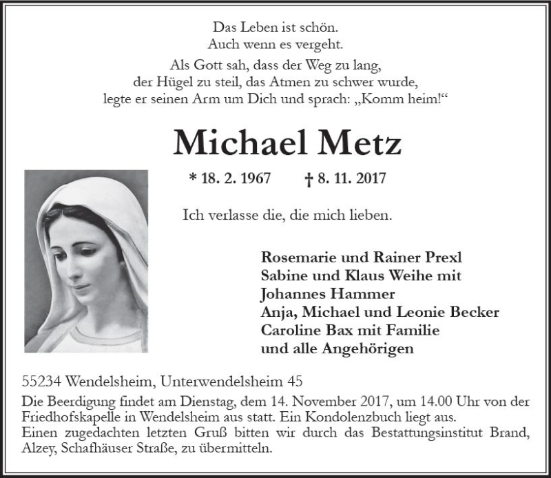  Traueranzeige für Michael Metz vom 11.11.2017 aus Trauerportal Rhein Main Presse