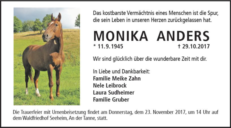  Traueranzeige für Monika Anders vom 11.11.2017 aus Trauerportal Echo Online