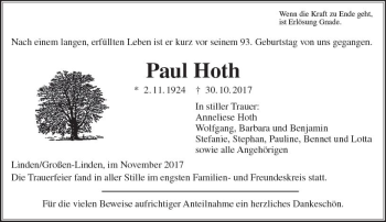 Traueranzeige von Paul Hoth von  Gießener Anzeiger