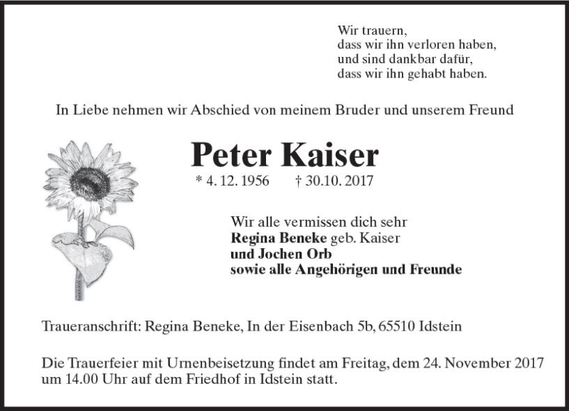  Traueranzeige für Peter Kaiser vom 18.11.2017 aus Trauerportal Rhein Main Presse