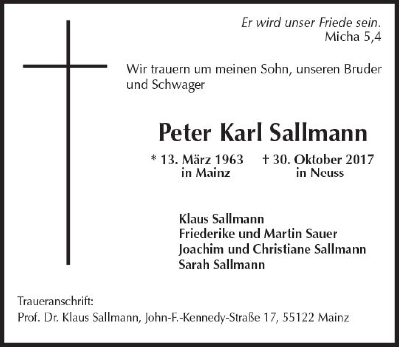  Traueranzeige für Peter Karl Sallmann vom 18.11.2017 aus Trauerportal Rhein Main Presse