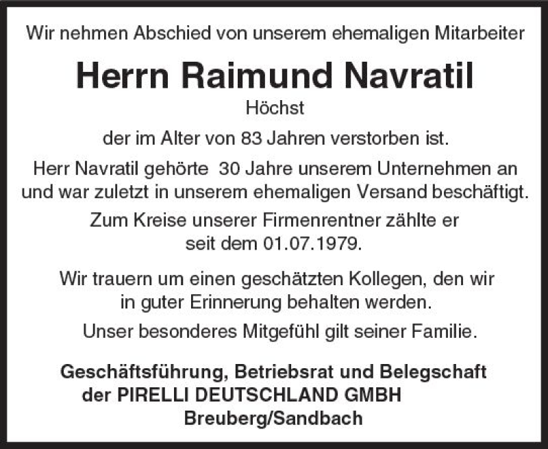  Traueranzeige für Raimund Navratil vom 13.11.2017 aus Trauerportal Echo Online