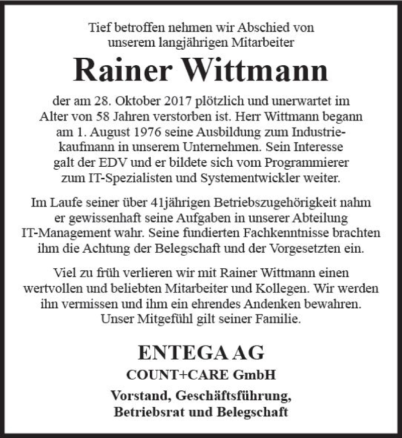  Traueranzeige für Rainer Wittmann vom 04.11.2017 aus Trauerportal Echo Online