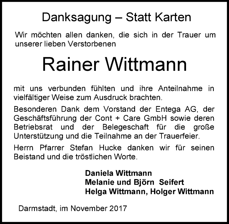  Traueranzeige für Rainer Wittmann vom 18.11.2017 aus Trauerportal Echo Online