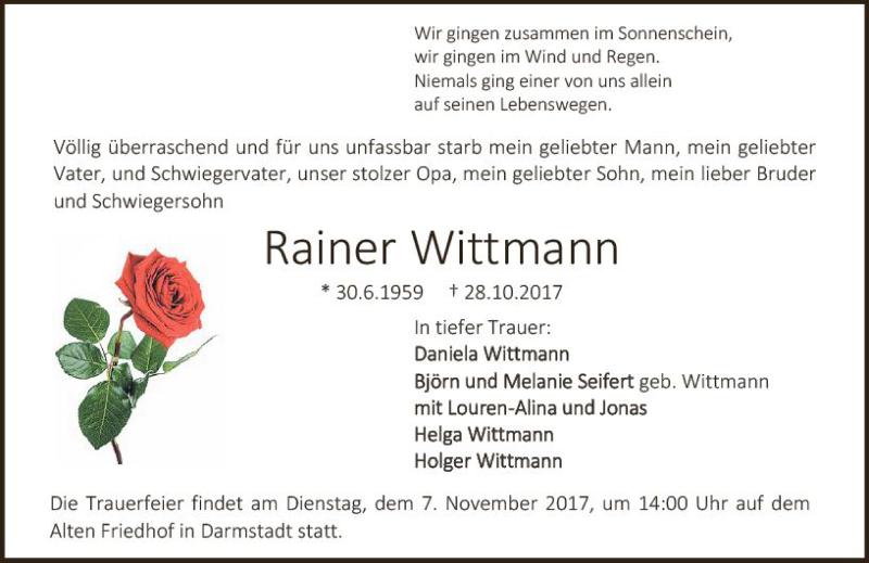  Traueranzeige für Rainer Wittmann vom 04.11.2017 aus Trauerportal Echo Online