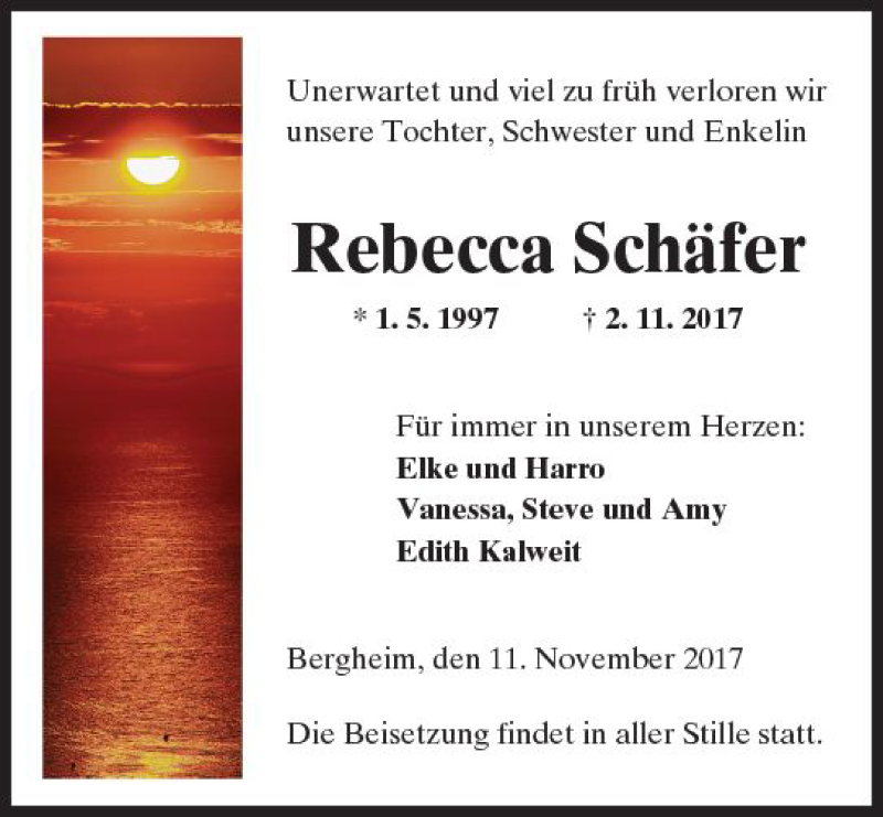  Traueranzeige für Rebecca Schäfer vom 11.11.2017 aus  Kreisanzeiger