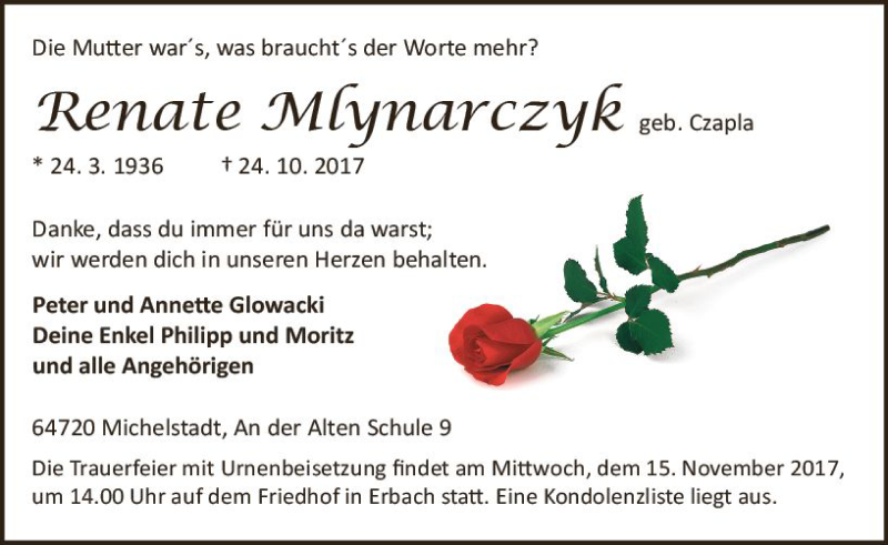  Traueranzeige für Renate Maria Mlynarcyk vom 11.11.2017 aus Trauerportal Echo Online