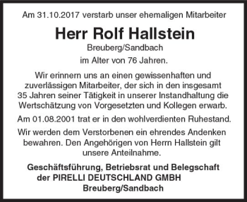 Traueranzeige von Rolf Hallstein von Trauerportal Echo Online